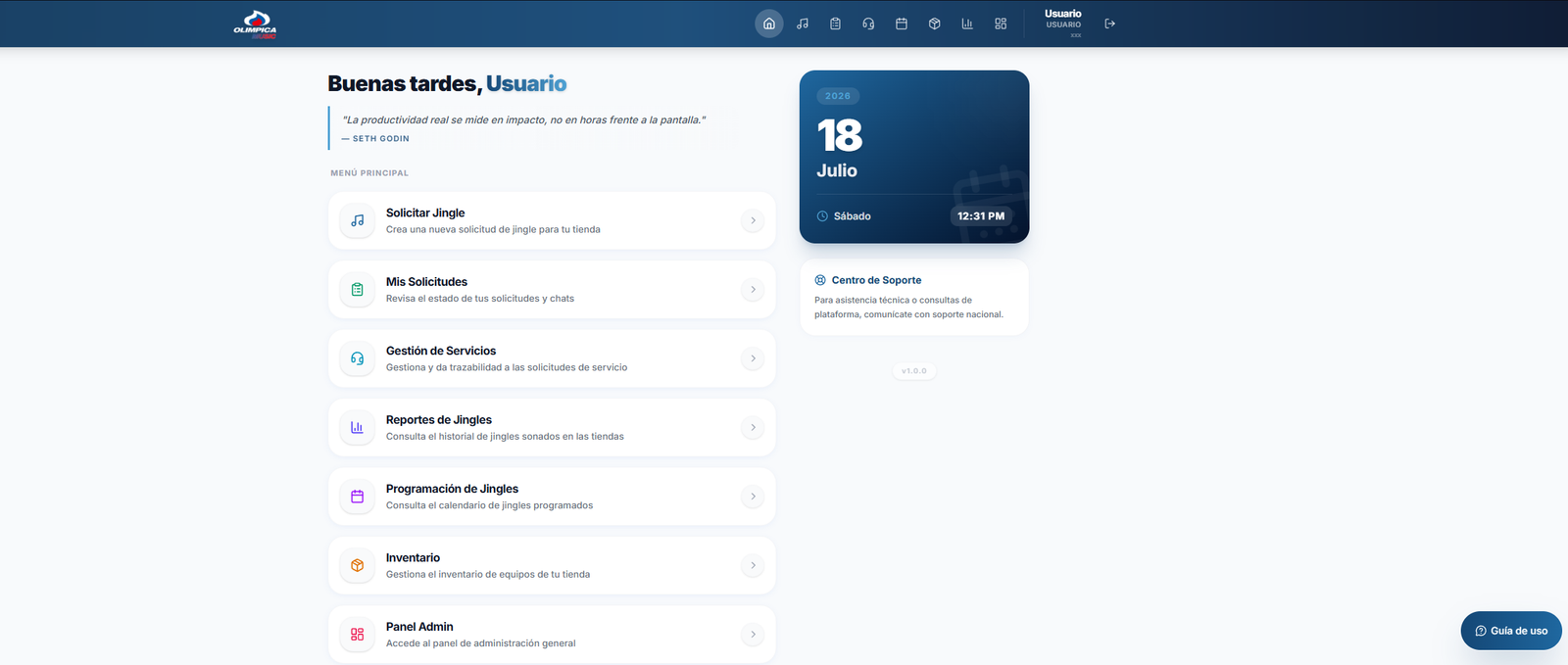 Panel de solicitud y gestión de jingles y cuñas publicitarias en Olímpica Music